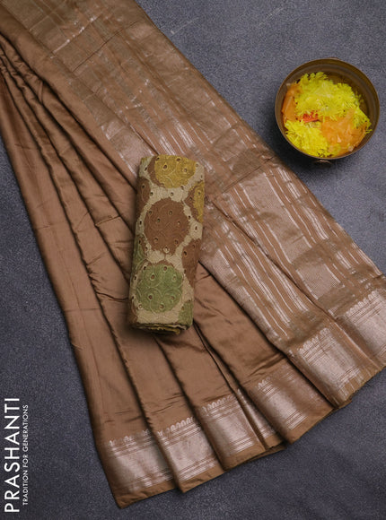Semi chanderi saree sandal and beige with plain body and zari woven border