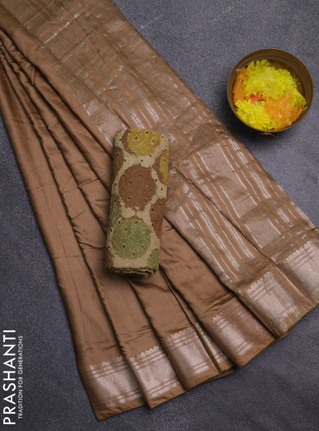 Semi chanderi saree sandal and beige with plain body and zari woven border