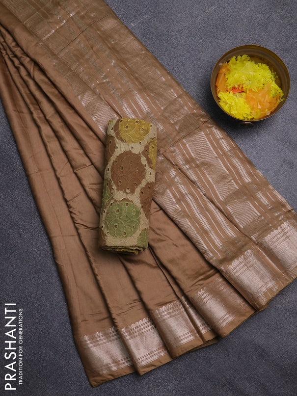 Semi chanderi saree sandal and beige with plain body and zari woven border