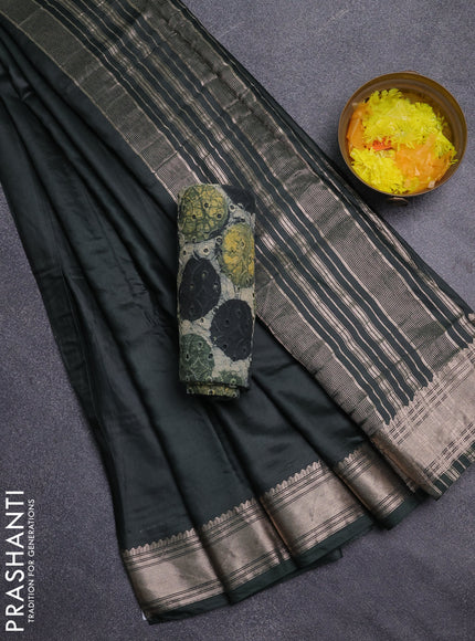 Semi chanderi saree bottle green and beige with plain body and zari woven border