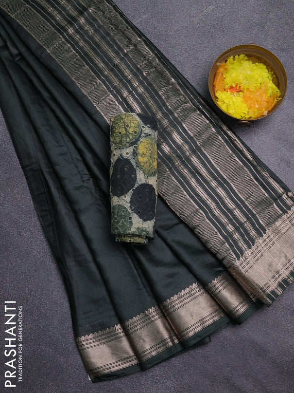 Semi chanderi saree bottle green and beige with plain body and zari woven border