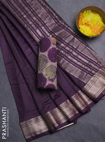 Semi chanderi saree deep purple and beige with plain body and zari woven border