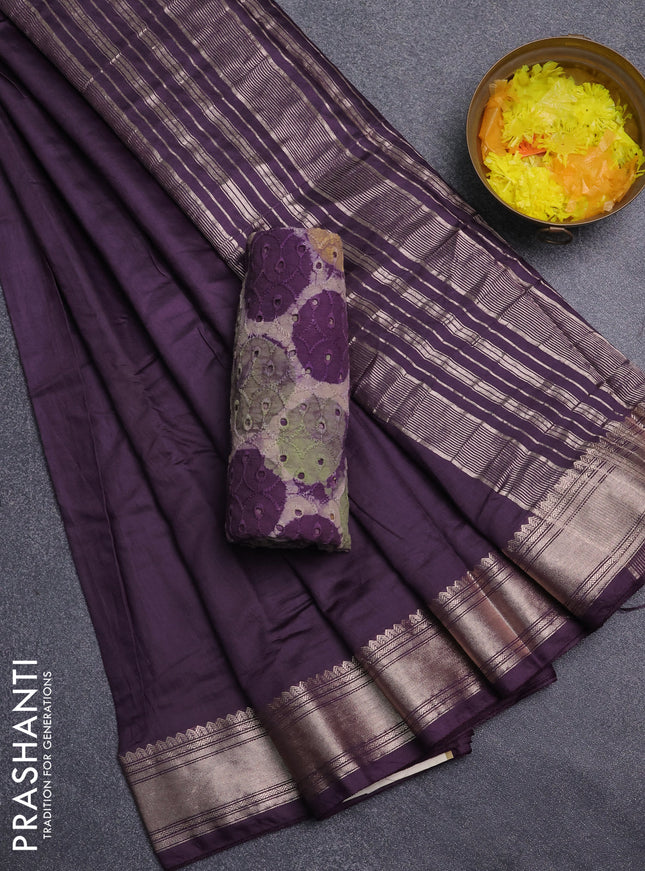 Semi chanderi saree deep purple and beige with plain body and zari woven border