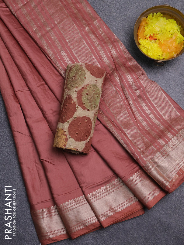 Semi chanderi saree rust shade and beige with plain body and zari woven border