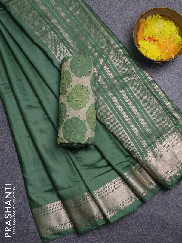 Semi chanderi saree green and beige with plain body and zari woven border