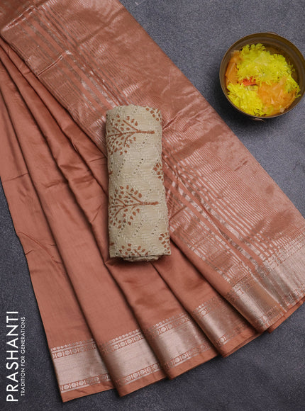 Semi chanderi saree rust shade and beige with plain body and zari woven border