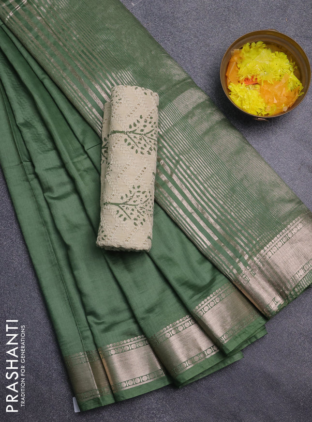 Semi chanderi saree light green and beige with plain body and zari woven border
