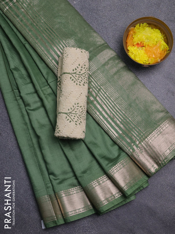 Semi chanderi saree light green and beige with plain body and zari woven border