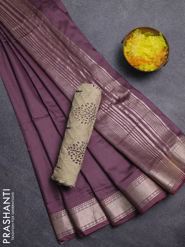 Semi chanderi saree wine shade and beige with plain body and zari woven border