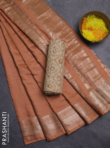 Semi chanderi saree sandal and beige with plain body and zari woven border
