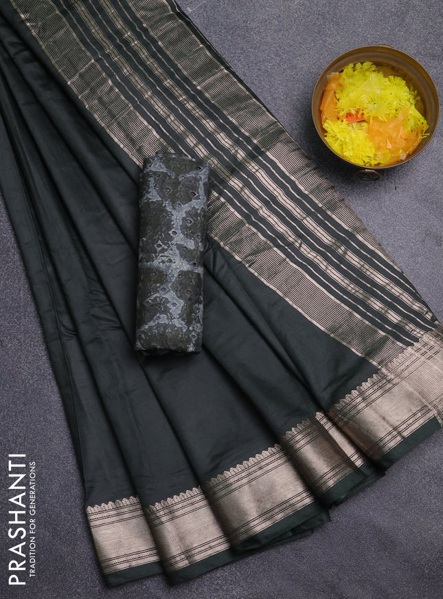 Semi chanderi saree bottle green and beige with plain body and zari woven border