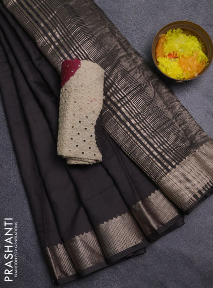 Semi chanderi saree black and beige with plain body and zari woven border