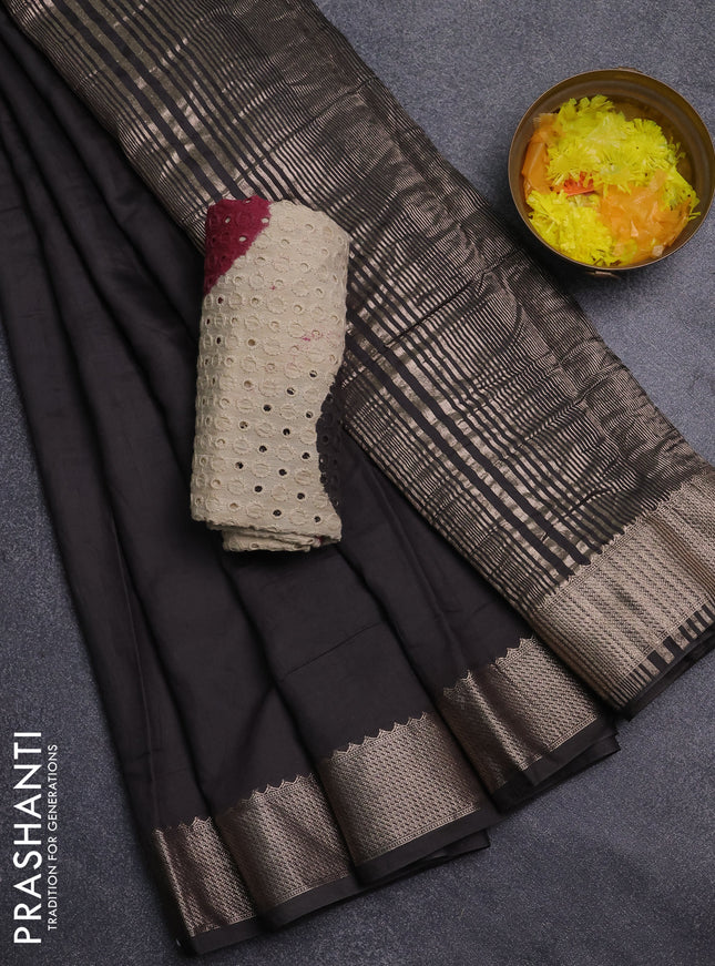 Semi chanderi saree black and beige with plain body and zari woven border