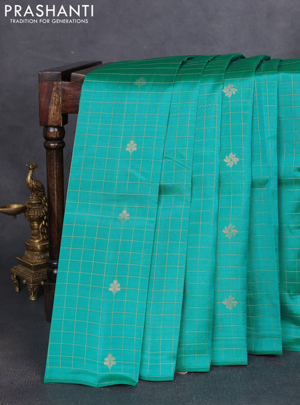 Kanchipuram silk saree teal blue and sandal with allover zari checks & buttas in borderless style