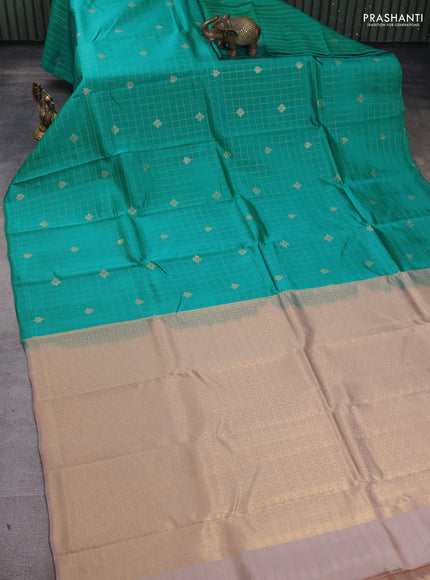 Kanchipuram silk saree teal blue and sandal with allover zari checks & buttas in borderless style