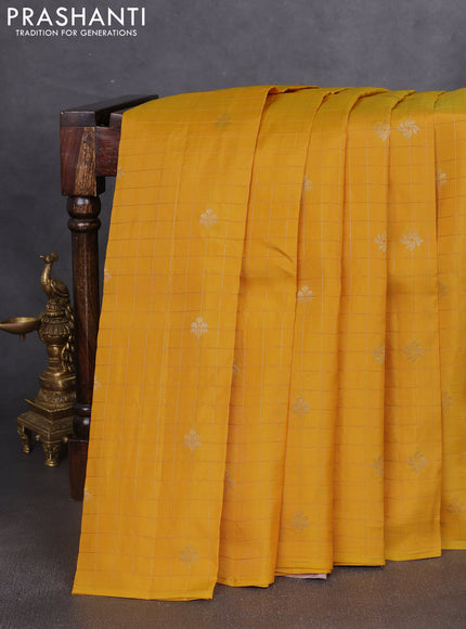 Kanchipuram silk saree mango yellow and sandal with allover zari checks & buttas in borderless style