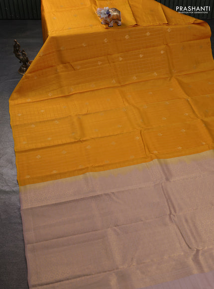 Kanchipuram silk saree mango yellow and sandal with allover zari checks & buttas in borderless style