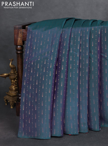 Kanchipuram silk saree dual shade of bluish purple and red with allover zari weaves & buttas in borderless style