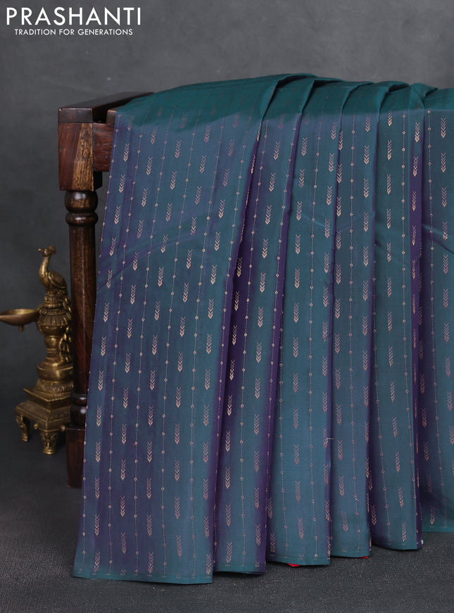 Kanchipuram silk saree dual shade of bluish purple and red with allover zari weaves & buttas in borderless style