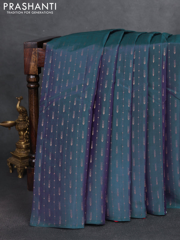 Kanchipuram silk saree dual shade of bluish purple and red with allover zari weaves & buttas in borderless style