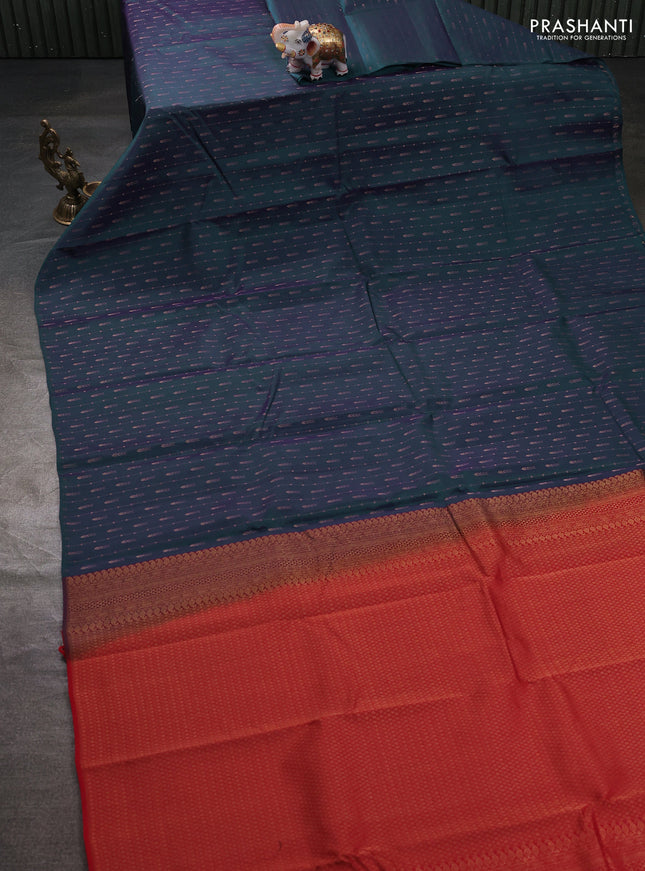 Kanchipuram silk saree dual shade of bluish purple and red with allover zari weaves & buttas in borderless style
