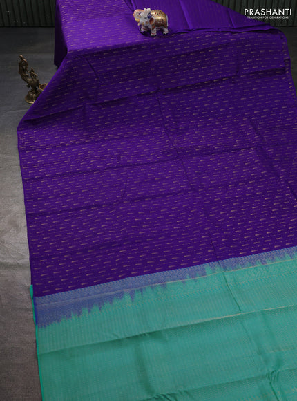 Kanchipuram silk saree violet and teal blue with allover zari weaves & buttas in borderless style