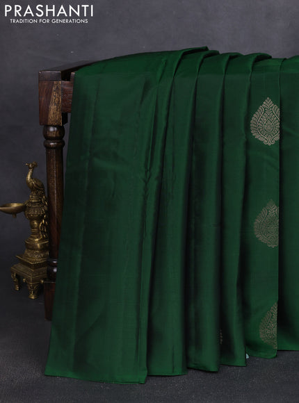 Kanchipuram silk saree bottle green and pink with zari woven buttas in borderless style