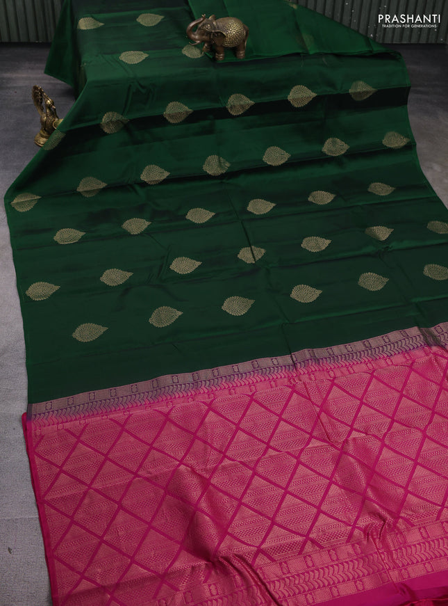 Kanchipuram silk saree bottle green and pink with zari woven buttas in borderless style