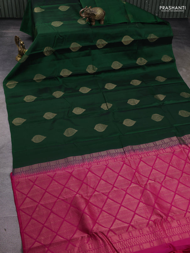 Kanchipuram silk saree bottle green and pink with zari woven buttas in borderless style
