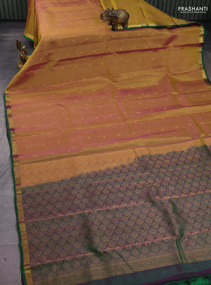 Kanchipuram silk saree dual shade of greenish pink and green with zari woven buttas and small zari woven border