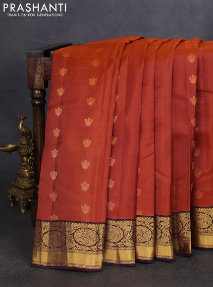Kanchipuram silk saree rustic orange and wine shade with zari woven buttas and rich zari woven border