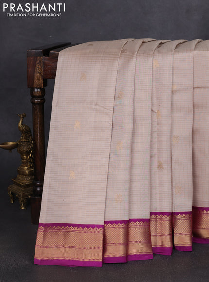 Kanchipuram silk saree beige and purple with allover small zari checks & buttas and rich zari woven korvai border