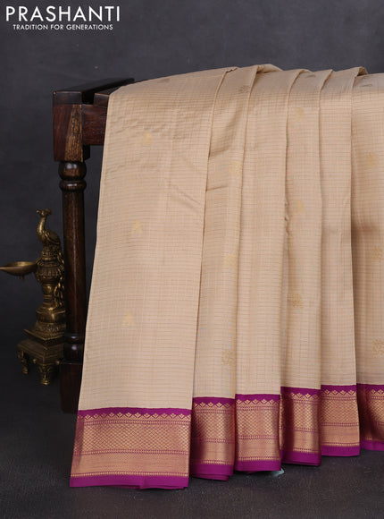 Kanchipuram silk saree cream and purple with allover small zari checks & buttas and rich zari woven korvai border