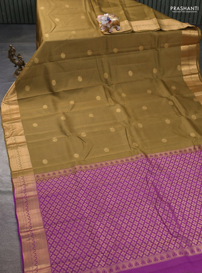 Kanchipuram silk saree mehendi green and purple with allover zari weaves & buttas and zari woven border