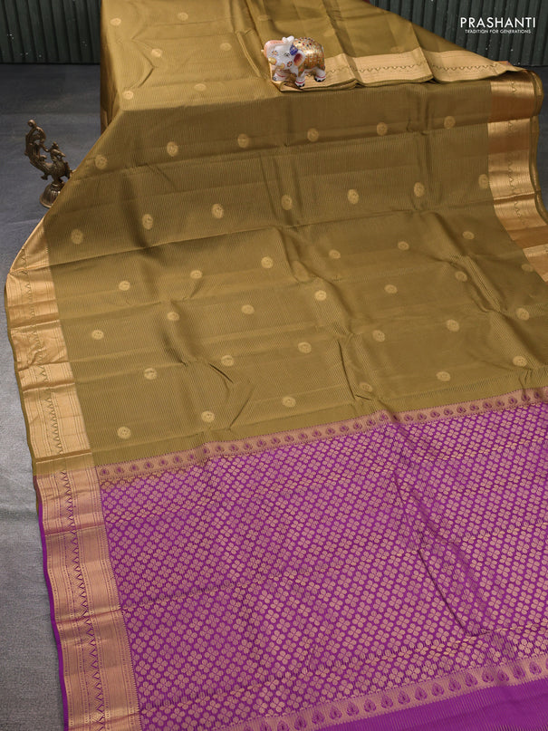 Kanchipuram silk saree mehendi green and purple with allover zari weaves & buttas and zari woven border