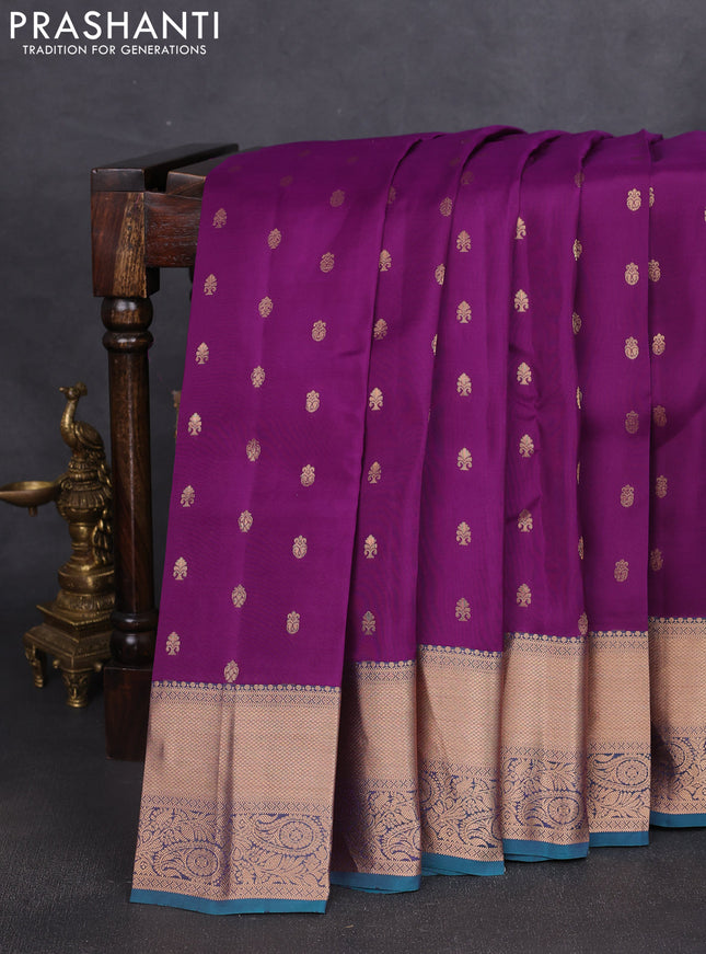 Kanchipuram silk saree purple and teal green with allover zari woven buttas and rich zari woven border
