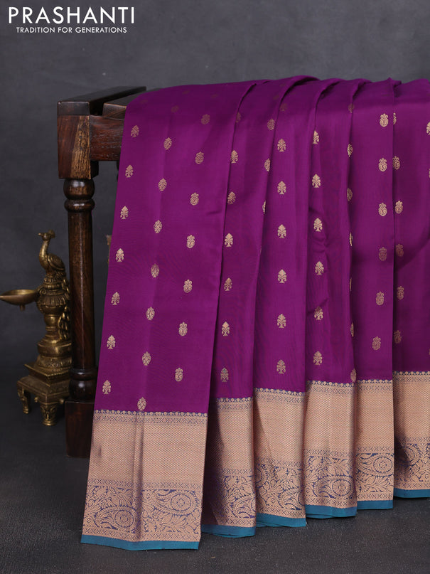 Kanchipuram silk saree purple and teal green with allover zari woven buttas and rich zari woven border