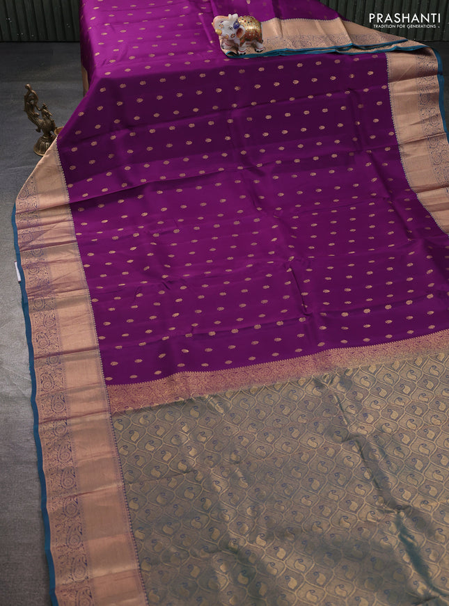 Kanchipuram silk saree purple and teal green with allover zari woven buttas and rich zari woven border