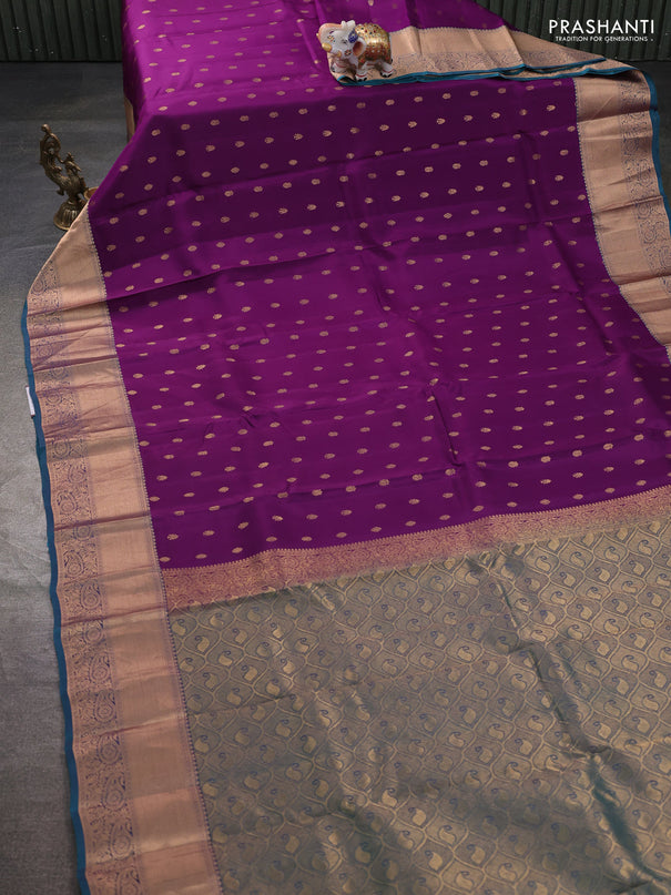 Kanchipuram silk saree purple and teal green with allover zari woven buttas and rich zari woven border