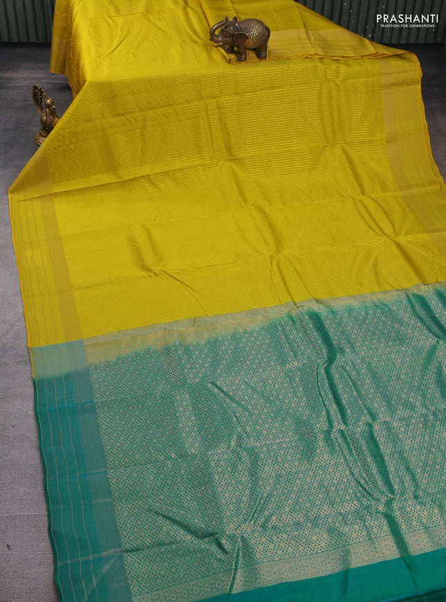 Kanchipuram silk saree lime yellow and teal green with allover zari weaves and rich zari woven border