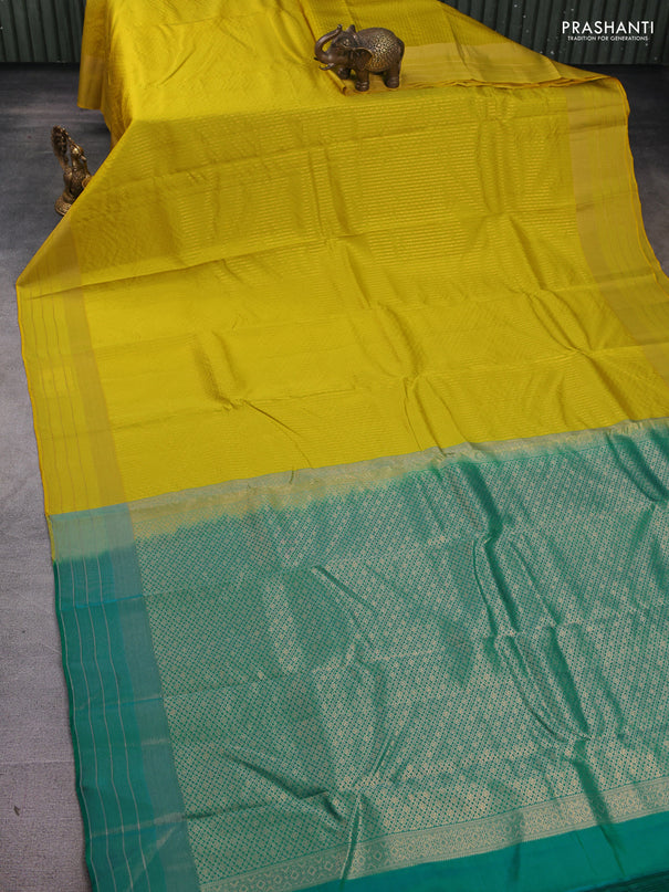 Kanchipuram silk saree lime yellow and teal green with allover zari weaves and rich zari woven border