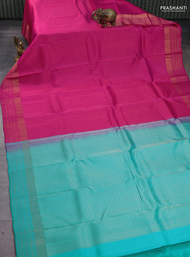 Kanchipuram silk saree pink and teal green with allover zari weaves and rich zari woven border