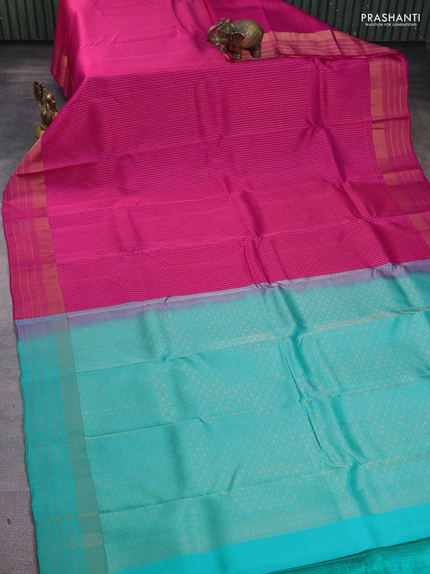 Kanchipuram silk saree pink and teal green with allover zari weaves and rich zari woven border