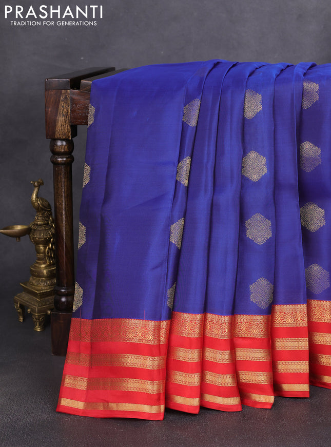 Kanchipuram silk saree blue and red with allover zari woven buttas and zari woven korvai border