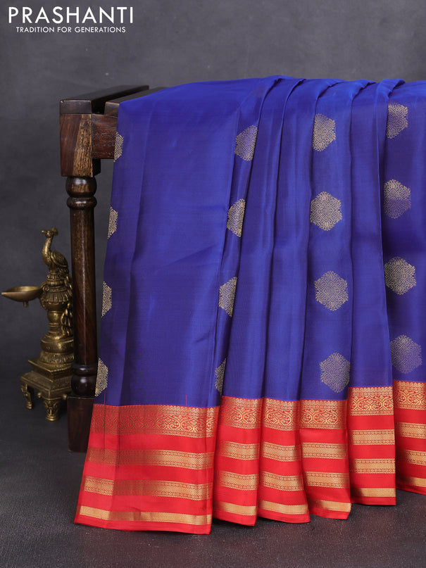 Kanchipuram silk saree blue and red with allover zari woven buttas and zari woven korvai border