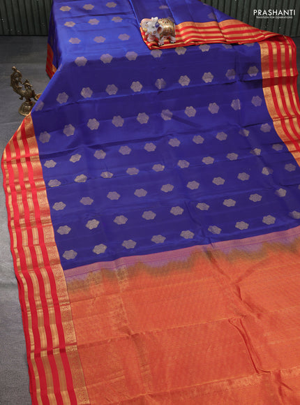 Kanchipuram silk saree blue and red with allover zari woven buttas and zari woven korvai border