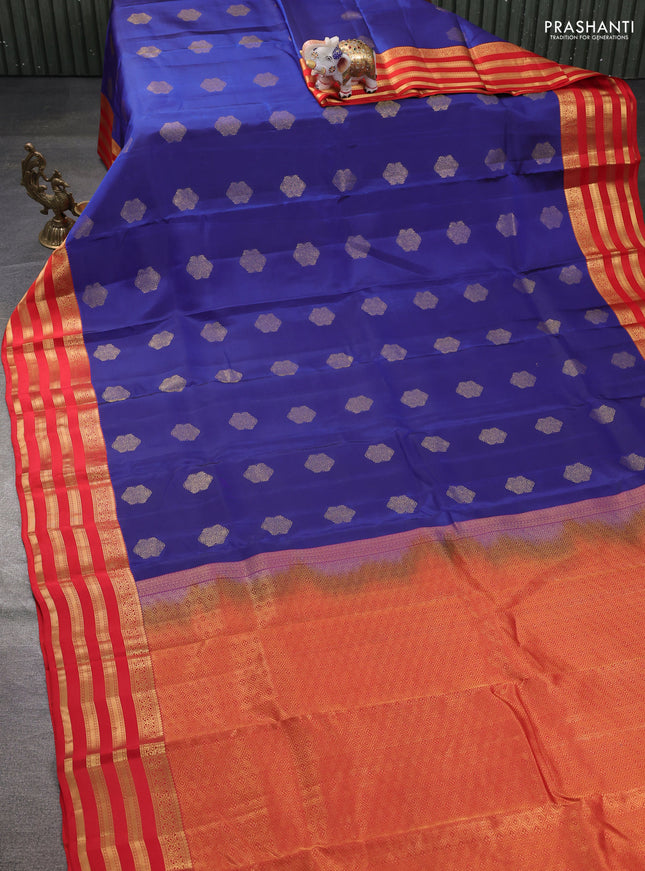Kanchipuram silk saree blue and red with allover zari woven buttas and zari woven korvai border
