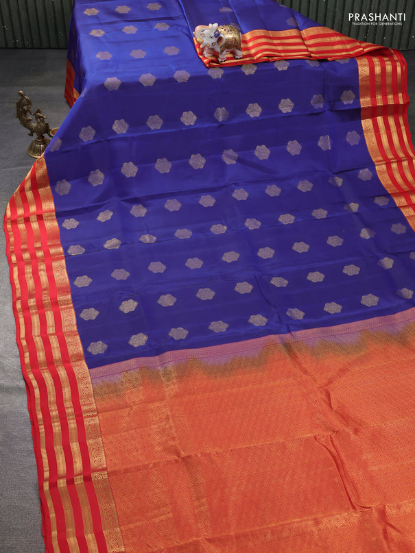 Kanchipuram silk saree blue and red with allover zari woven buttas and zari woven korvai border