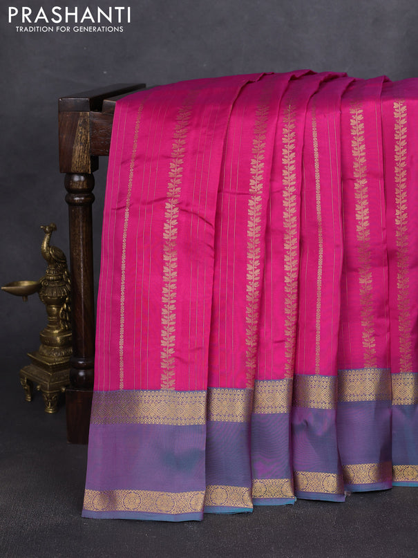 Kanchipuram silk saree pink and dual shade of teal blue with allover zari weaves and rettapet zari woven border