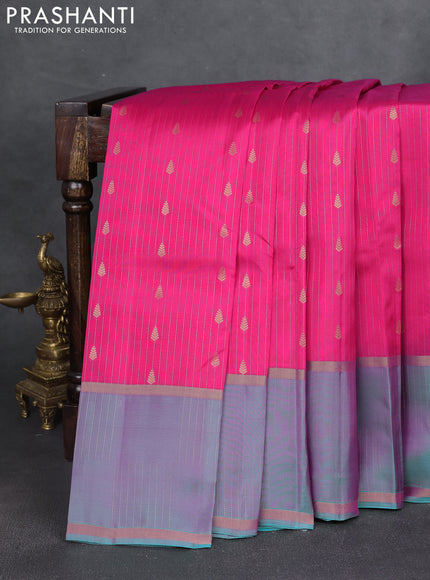 Kanchipuram silk saree pink and dual shade of teal blue with allover zari weaves & buttas and zari woven border